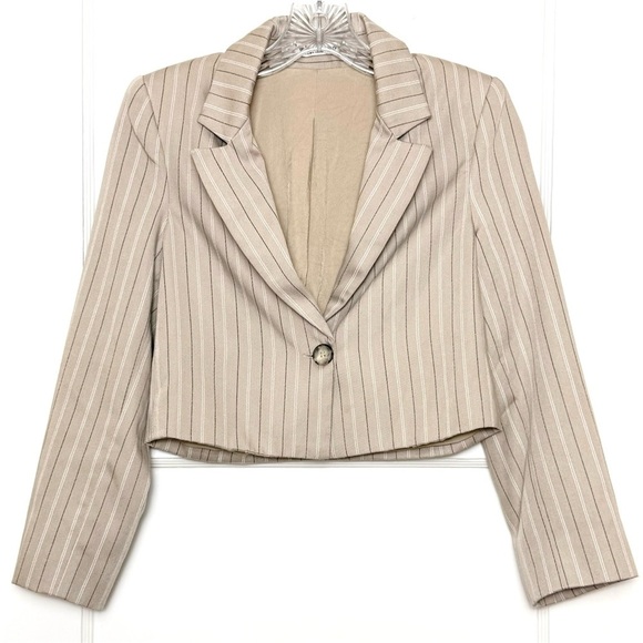 REFORMATION Beige Pinstripe Recycled Fabric Cropped Relaxed Fit Blazer Jacket XS - Picture 3 of 6